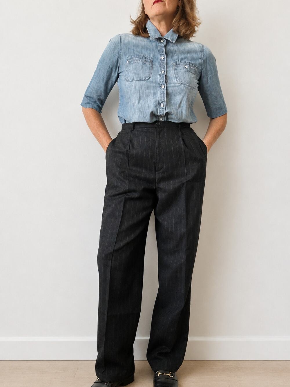 Vintage 90s Wool Pinstriped Grey Womens Trousers High Waist Size 10/W. Classic